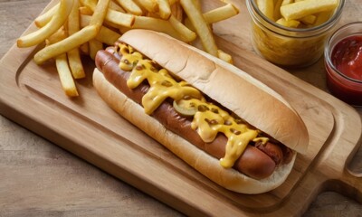 Delicious hotdog with mustard and french fries served on wooden board