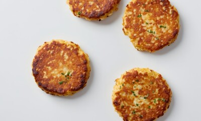 Delicious golden brown potato pancakes displayed on a white surface