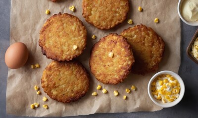 Delicious golden corn fritters arranged attractively on a brown surface, ready to be served