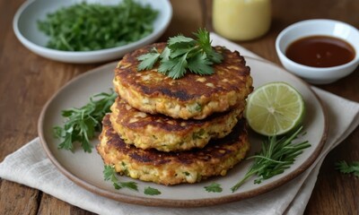 Delicious homemade corn fritters served with lime and dipping sauce