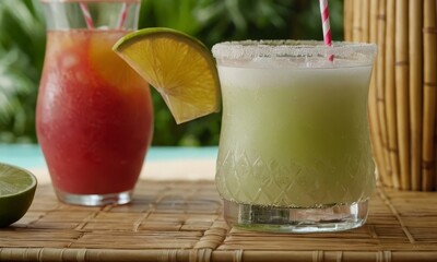 Refreshing tropical cocktails on a woven surface, ready to enjoy, perfect for summer celebrations and vibrant outdoor gatherings