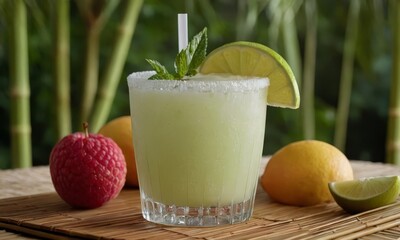 Refreshing margarita with a lime wedge and lychee for summer days