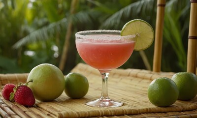 Refreshing summer cocktail with lime and strawberries in tropical setting
