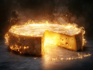 Cheese wheel glowing with a fiery appearance in a dark setting creates a dramatic visual display of dairy art