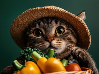 Cat wearing a straw hat surrounded by fresh vegetables in a cozy indoor setting