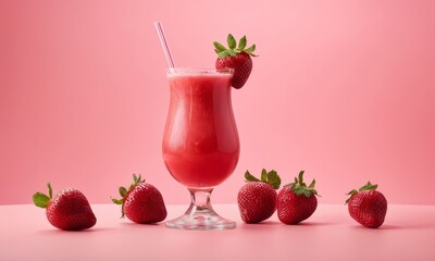 Refreshing strawberry smoothie in a glass with fresh strawberries arranged on a pink background