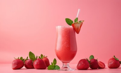 Delicious strawberry smoothie garnished with fresh strawberries and mint