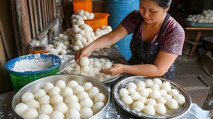 Woman prepares round rice dumplings in a traditional setting.