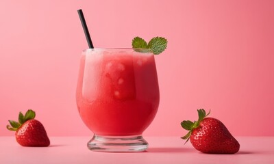 Refreshing Strawberry Juice with Mint and Strawberries on Pink Background
