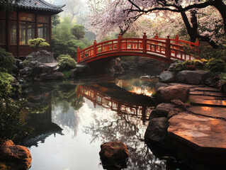 Beautiful garden with cherry blossoms and a red bridge reflecting in the water during the early morning light