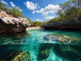 Beneath the surface of a clear tropical lagoon with rocks and lush greenery under a bright sky