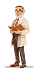 Elderly man with glasses holding a book in a lab coat indoors  