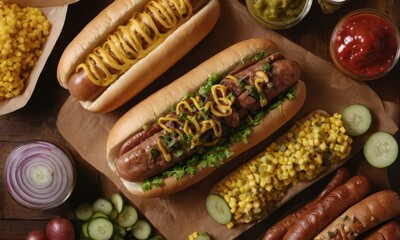 Delicious hot dogs with various toppings on a rustic wooden background, showcasing culinary delights