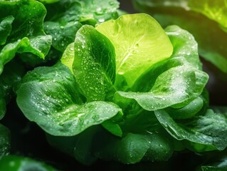 Fresh green lettuce drenched in water droplets shines with vibrant colors in a garden setting