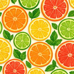 Obraz premium Seamless Citrus Fruit Pattern with Mint Leaves – Hand-Painted Stylized Texture