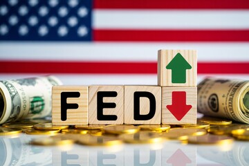 US federal reserve concept with fed blocks, arrows, dollar bills and coins in front of American flag.
