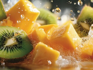 Bright mango and kiwi pieces splashing in refreshing water with droplets flying in the air