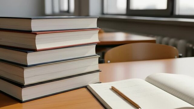 hand turns a page in an open notebook with a pencil on a wooden desk next to a stack of books in a bright study setting.
