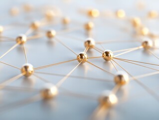 Gold spheres connected by fine wires illustrating network structure and connectivity in a modern design