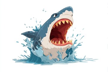 Shark with open mouth full of sharp teeth and water splash. Generative Ai