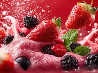 Vibrant splash of mixed berries and mint in refreshing drink