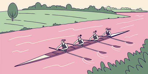 Vector illustration of aerial view of a women’s rowing team gliding across calm pink water.
