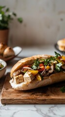 Halved Vietnamese banh mi showcasing vibrant layers of tofu, vegetables, and herbs on a rustic board