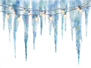 Delicate watercolor scene of sparkling icicles hanging from vintage fairy light strings on white background