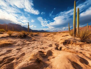 Dramatic desert landscape with towering cacti under a vibrant sky in the late afternoon light