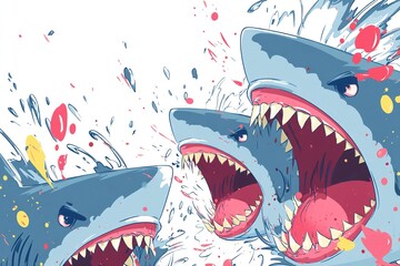 Shark with open mouth full of sharp teeth and water splash. Generative Ai