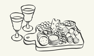 Whimsical chalk tapas and charcuterie doodles. Quirky food of breakfast and dinner meals in crayon style. Trendy art for menus and invitations. La dolce vita italian vector illustration