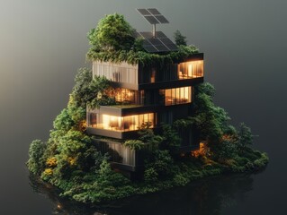 Modern eco-friendly house surrounded by lush greenery and glowing lights at dusk with solar panels on the roof