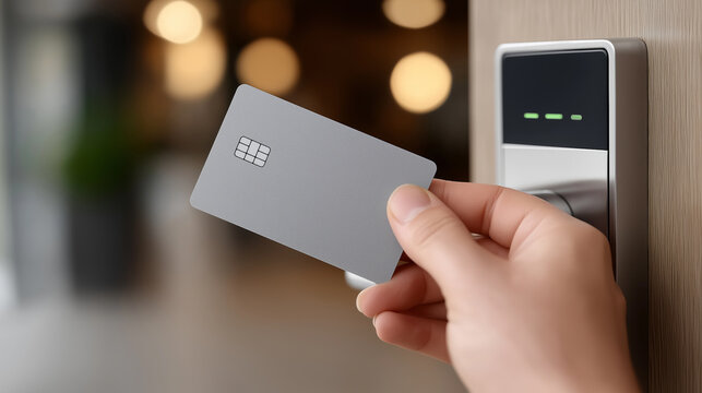 Technological Hospitality Concept: Digital Door Lock Activated by Sleek Hotel Keycard, hotel technology, smart lock, rfid card, digital door,
keyless entry, modern hospitality, guest check-in, securit