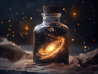 Bottle containing a galaxy showcases the beauty of the universe and the magic of imagination in a creative setting