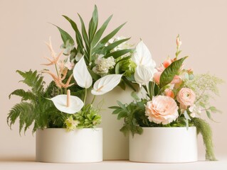 Elegant floral arrangements featuring white anthuriums and pastel roses in minimalist pots