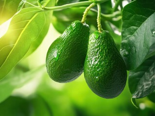 Avocados hanging on a tree branch in lush green surroundings during the sunny afternoon