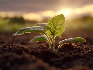 New plant sprouting in fertile soil during sunset with vibrant colors in the background and gentle light illuminating the leaves