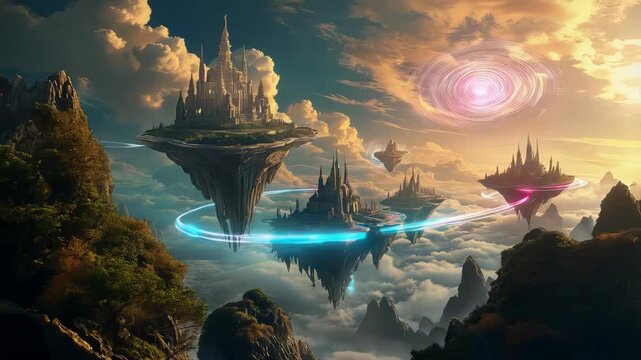 Breathtaking fantasy scene of massive floating cities suspended in the sky. Buildings sit atop levitating rocky islands, interconnected by glowing blue energy currents.