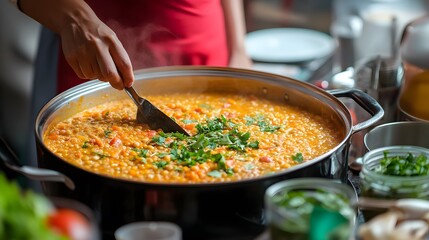 Person stirs a large pot of flavorful lentil stew.