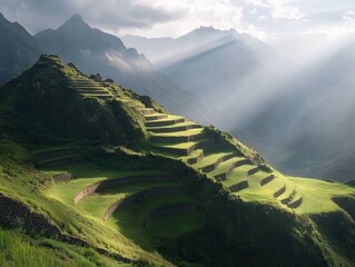 Terraced landscapes of the Andes mountains during golden hour with dramatic light and lush greenery
