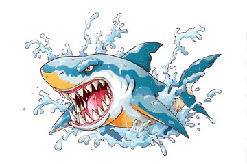 Shark with open mouth full of sharp teeth and water splash. Generative Ai