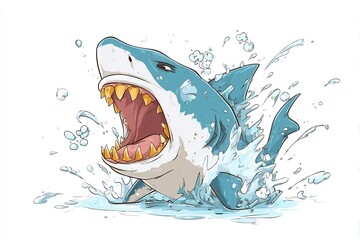 Shark with open mouth full of sharp teeth and water splash. Generative Ai