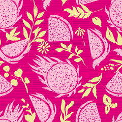Dragon Fruit and Botanicals Vector Seamless Pattern