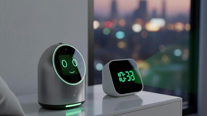 smart speaker displays a changing happy face next to a digital clock on a nightstand at night. - Powered by Adobe