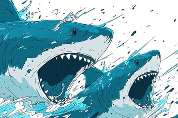 Shark with open mouth full of sharp teeth and water splash. Generative Ai