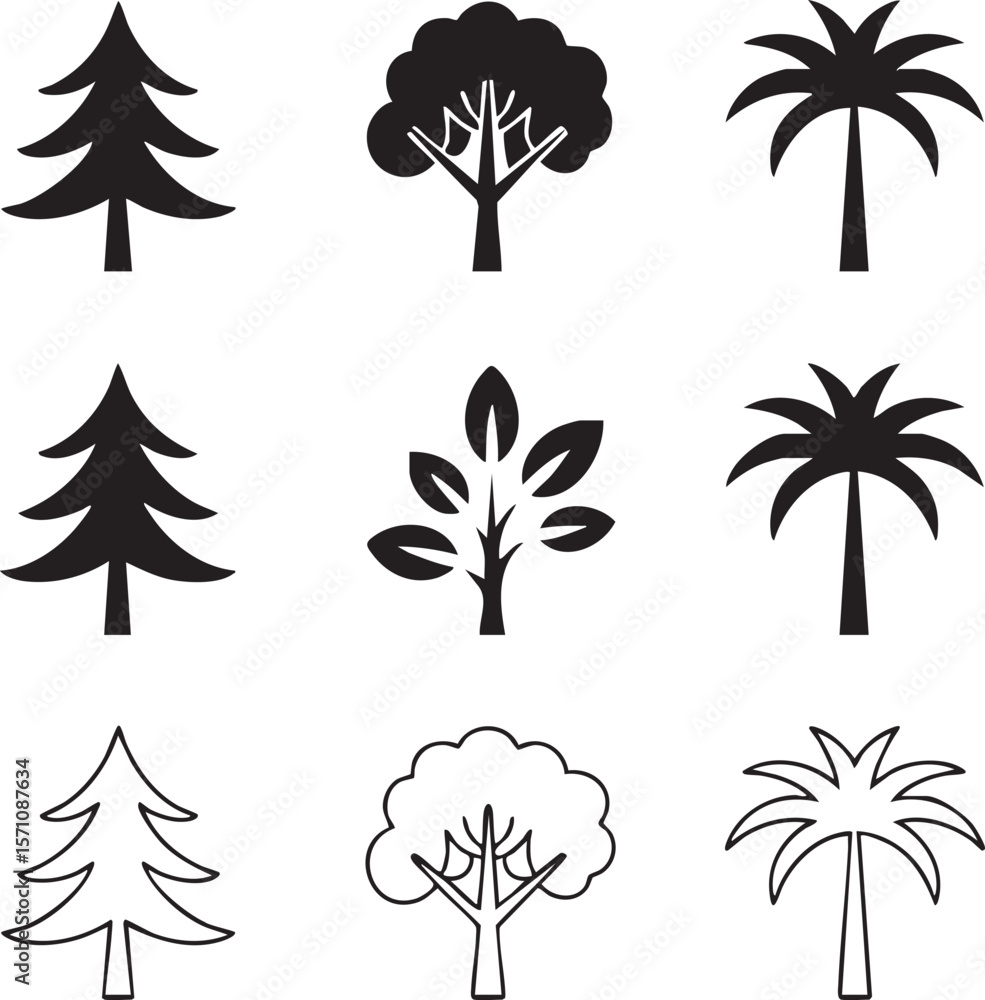 Aufkleber black and white silhouette tree icon set featuring different deciduous and evergreen tree styles for