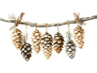 Rustic pinecone garland draped over vintage wooden sled handle on clean white background