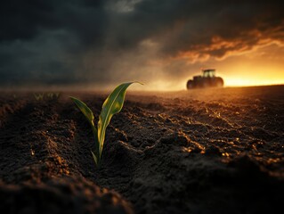 Bright green sprout emerging from dark soil as a tractor works the field at sunset