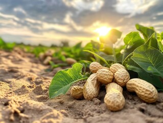 Peanuts growing in a field during sunset surrounded by vibrant green leaves and earth