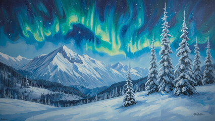 sweeping oil painting depicting a serene winter wonderland scene